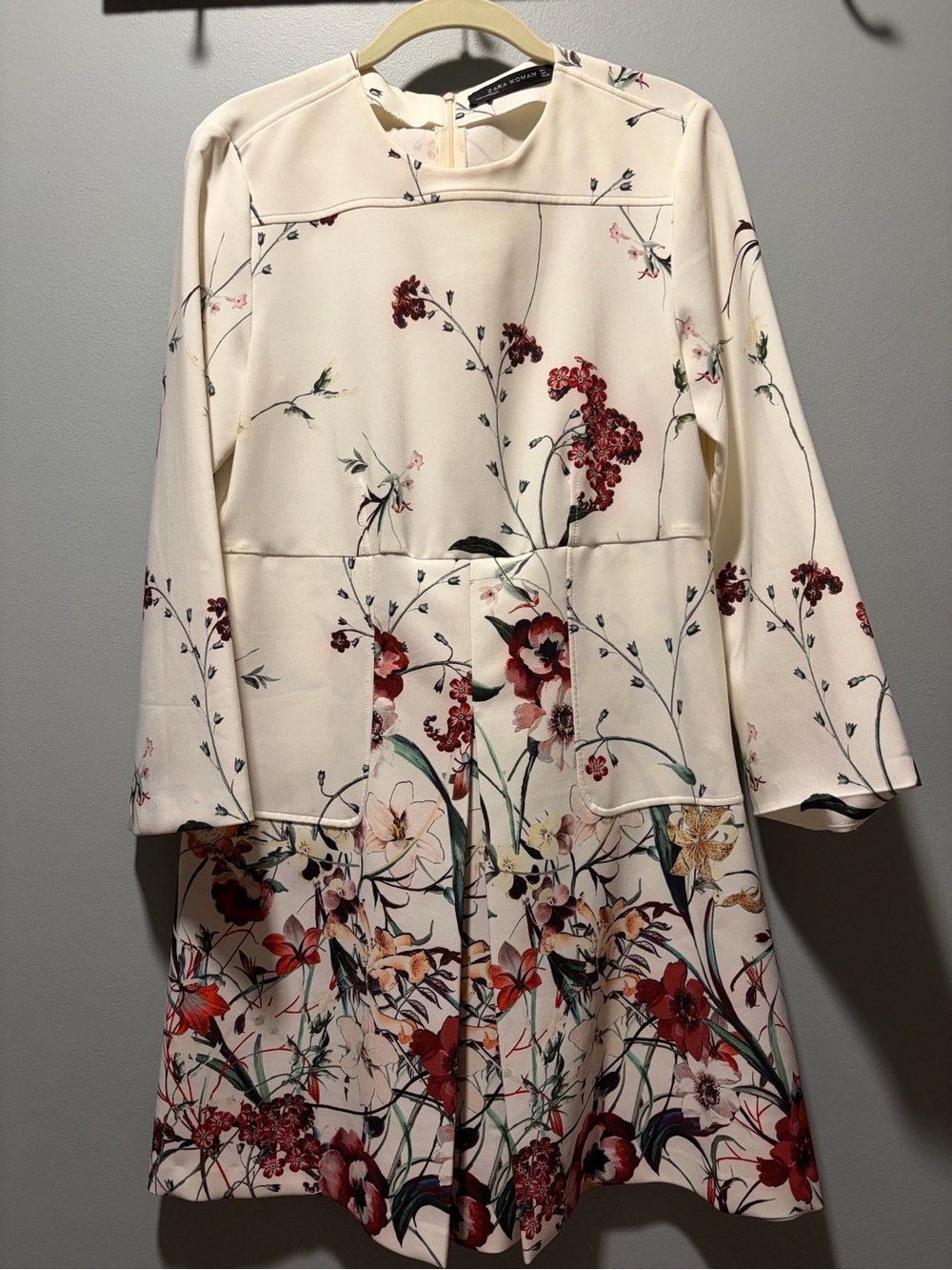 Zara Ivory Floral Long-Sleeve A-Line Dress